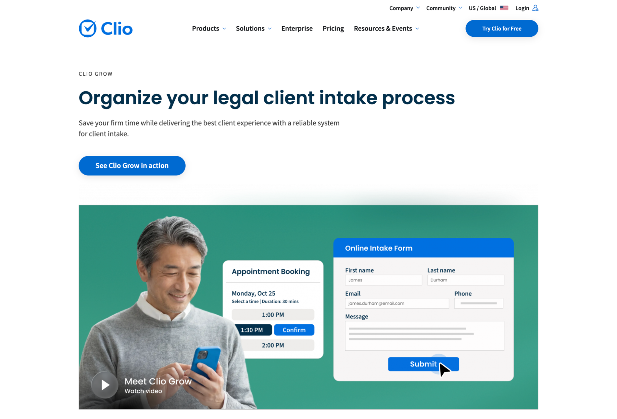 Clio Grow webpage demonstrating legal client intake with an appointment booking and an online form, beneath the headline 'Organize your legal client intake process'.