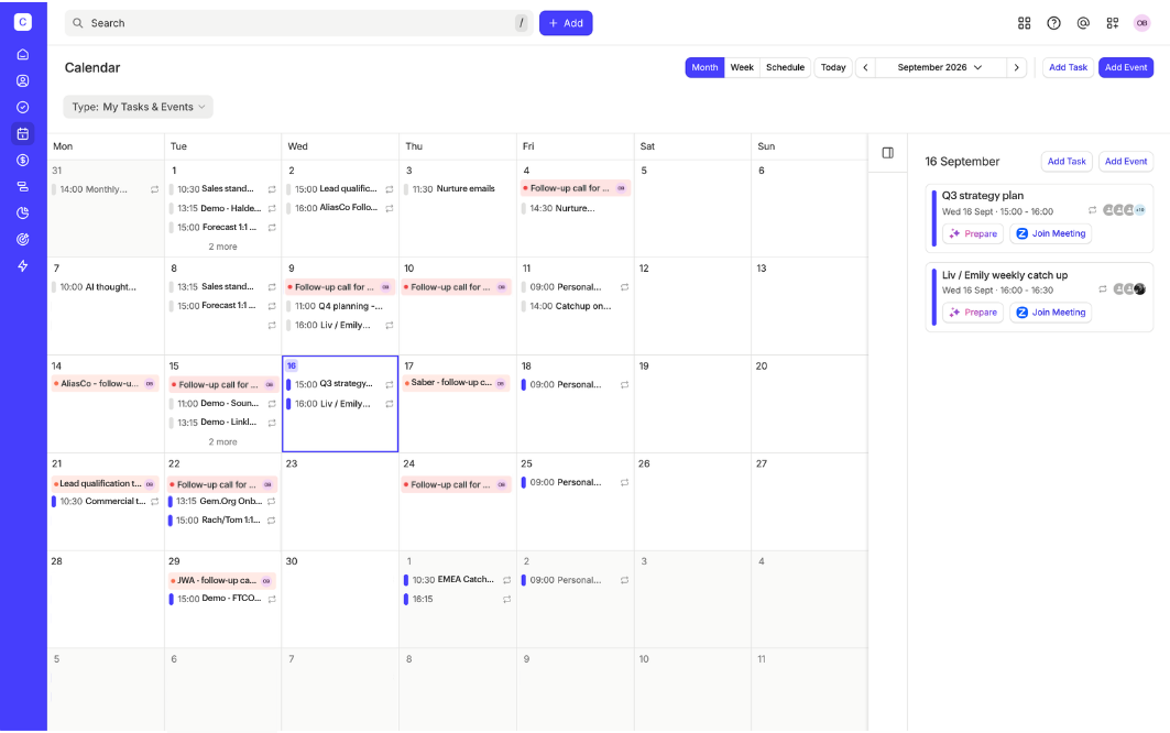 A screenshot of Capsule CRM displays a monthly view for September 2026, with events and tasks scheduled and a highlighted sidebar showing details for the day today.
