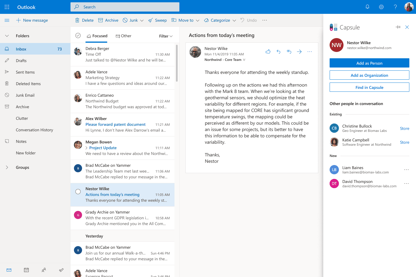 The screenshot shows the Capsule sidebar built into the Outlook interface