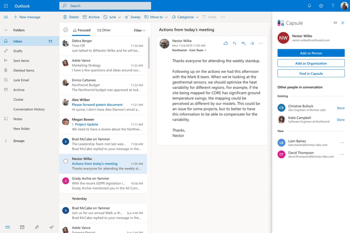 The screenshot shows the Capsule sidebar built into the Outlook interface