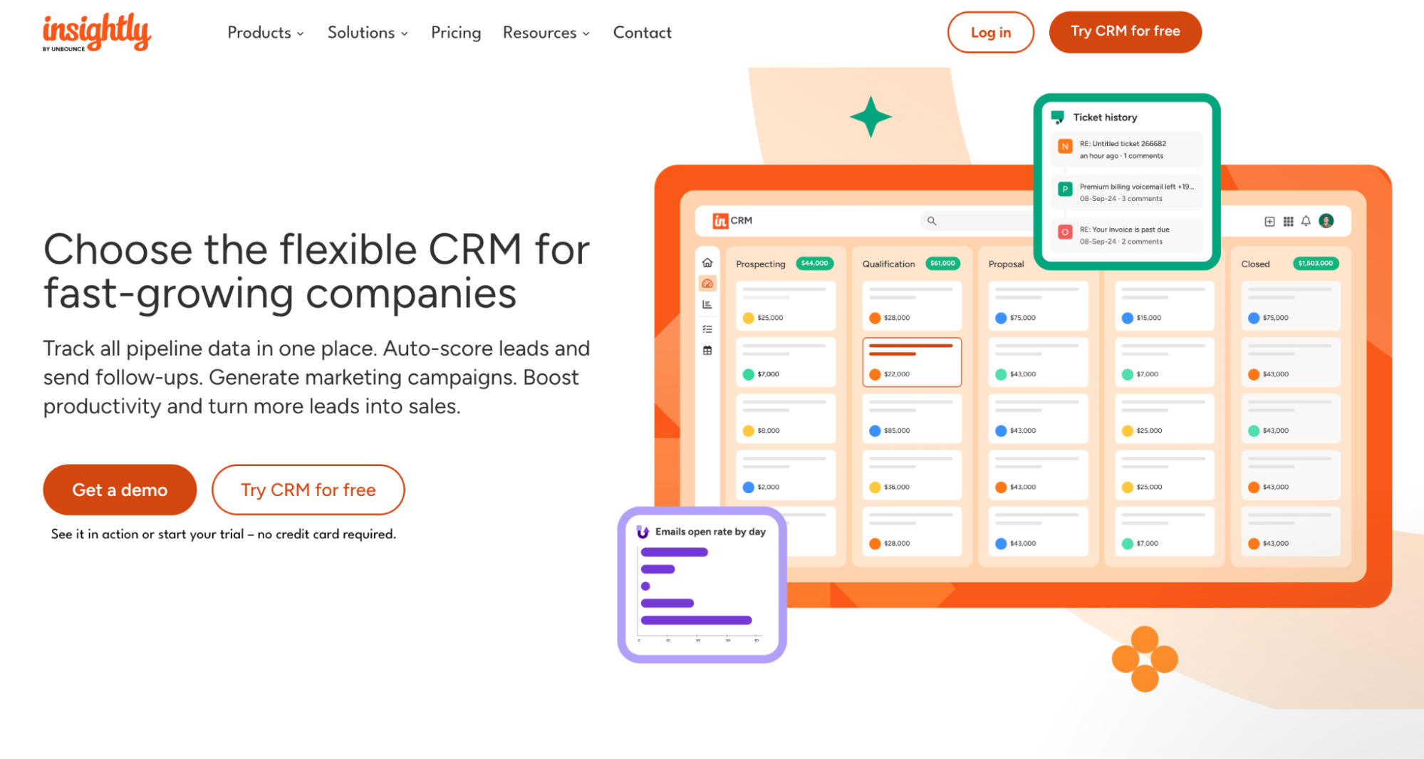 Insightly CRM homepage showing a sales pipeline dashboard with deal cards and the headline "Choose the flexible CRM for fast-growing companies."