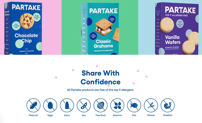 three boxes of partake cookies are shown on a pink and blue background