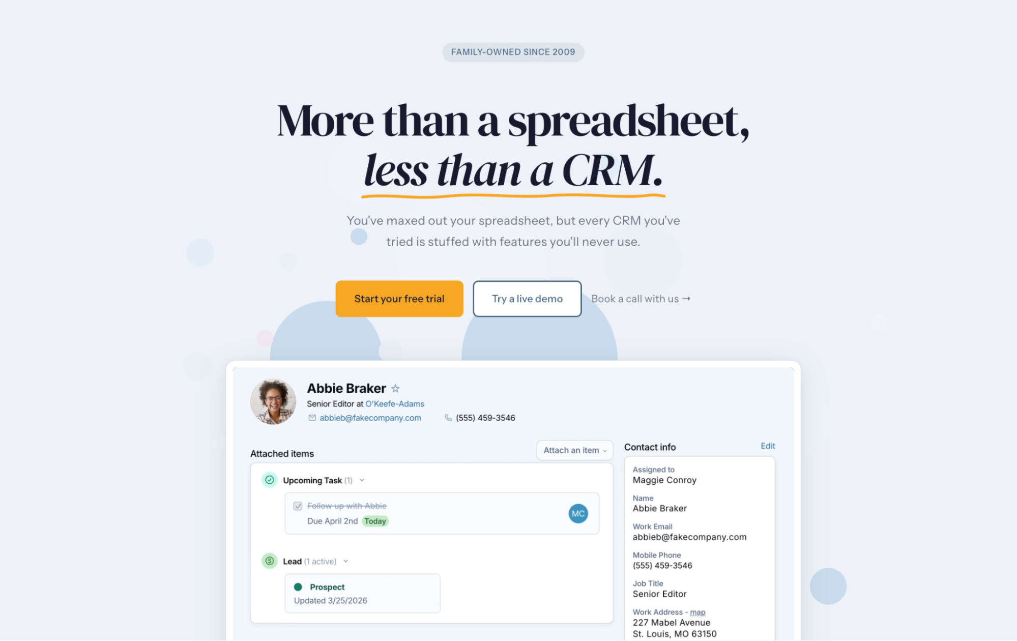 Website screenshot with the headline "More than a spreadsheet, less than a CRM" and a contact management interface.