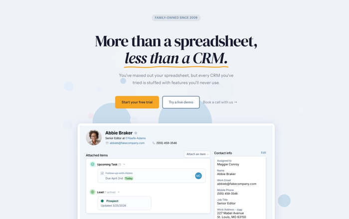 Website screenshot with the headline "More than a spreadsheet, less than a CRM" and a contact management interface.