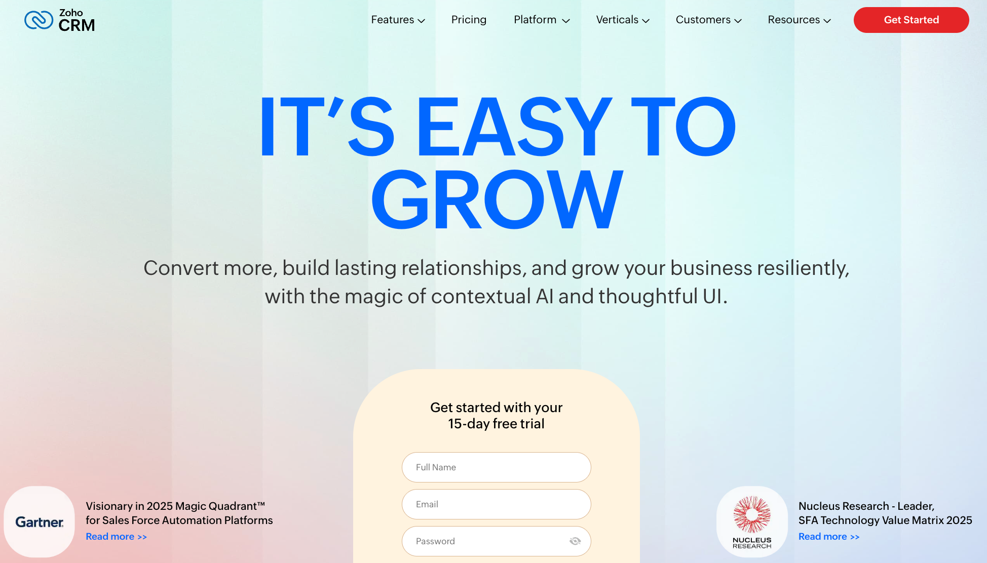 Zoho CRM landing page with the headline "IT'S EASY TO GROW" and a 15-day free trial signup form.