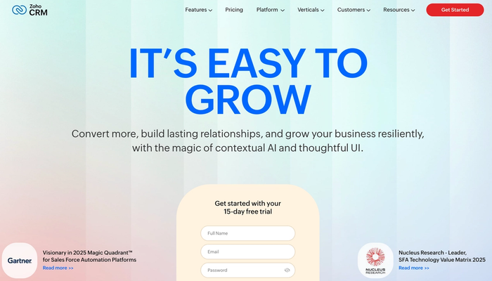 Zoho CRM landing page with the headline "IT'S EASY TO GROW" and a 15-day free trial signup form.