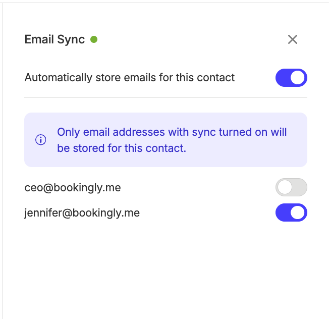 ao escolher em quais endereços de e-mail ativar a sincronização de e-mails, você pode alternar entre ativar e desativar