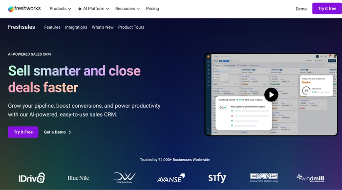 Freshsales landing page promoting its AI-powered sales CRM with the headline "Sell smarter and close deals faster" and a demo of its interface.