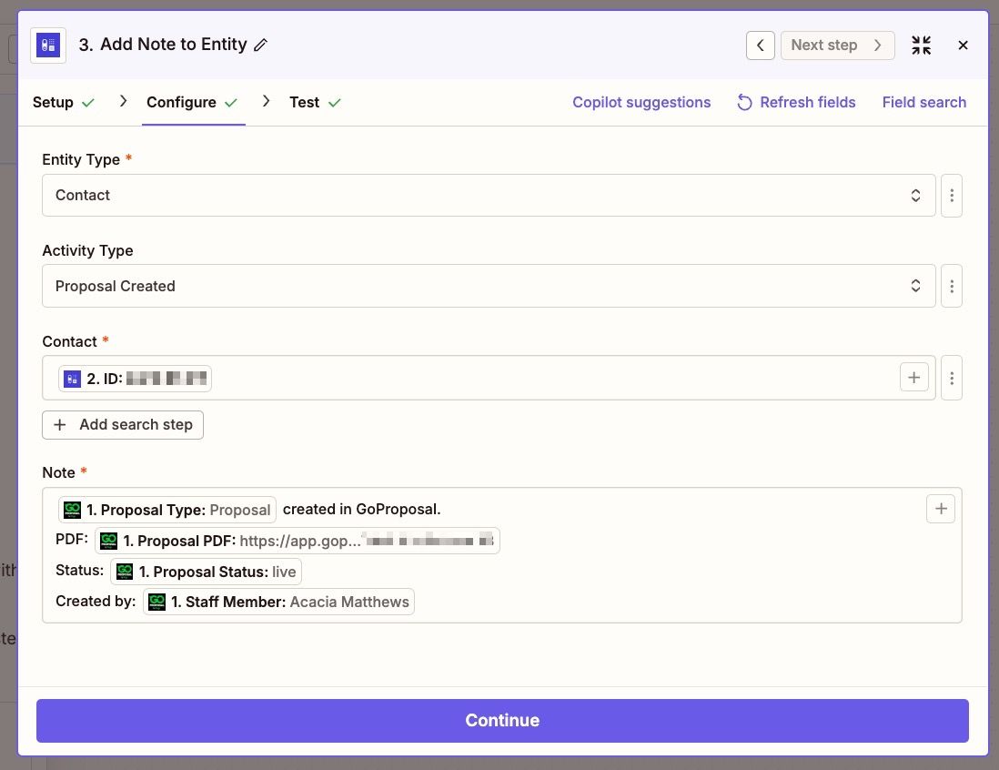 mapeamento de campos do Zapier para adicionar nota