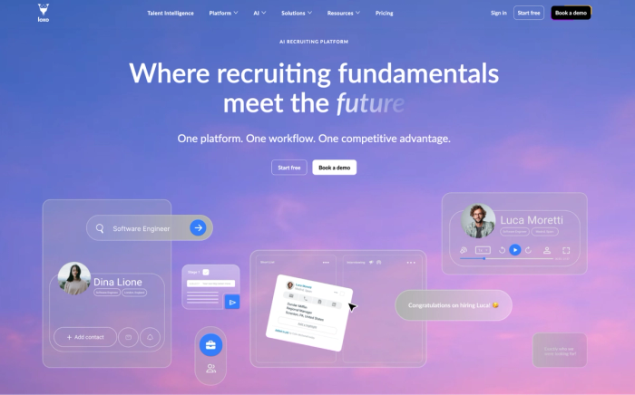 AI recruiting platform featuring translucent UI for candidate search, profiles, and hiring notifications, set against a purple-pink gradient. Headline: 'Where recruiting fundamentals meet the future.'