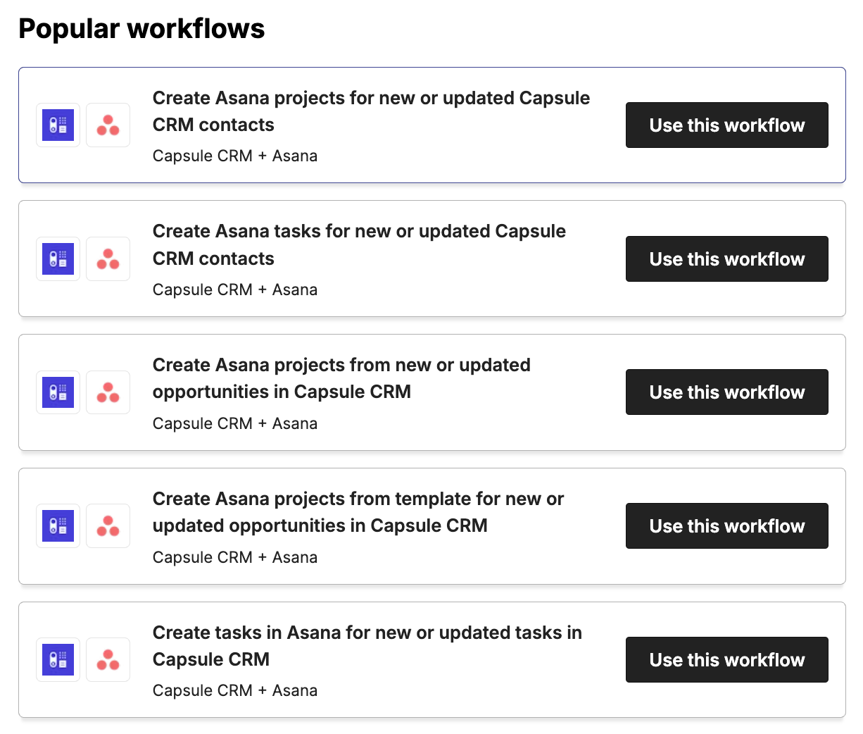 una captura de pantalla de la página de flujos de trabajo populares en Asana