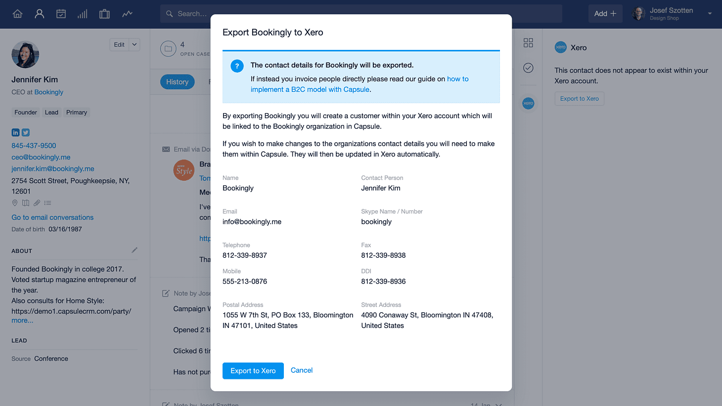 Modal de exportación para añadir contacto a Xero