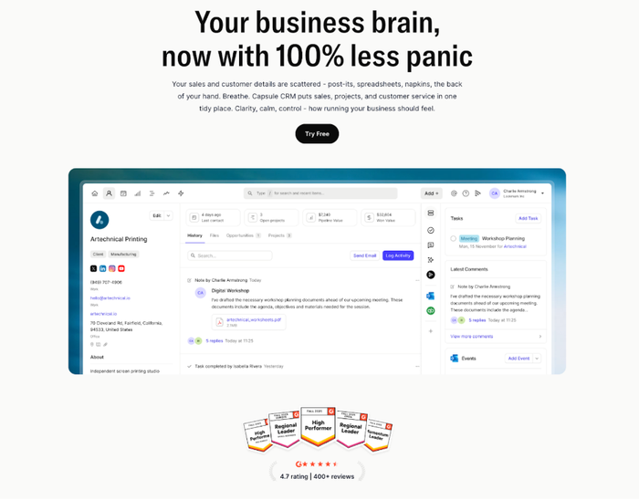 A screenshot of the Capsule CRM dashboard displaying contact information, tasks, and notes, with marketing text above and software awards below.