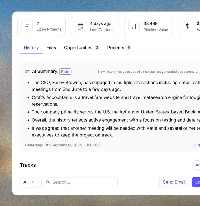 A CRM dashboard displaying an AI-generated summary of a project's history and engagement.