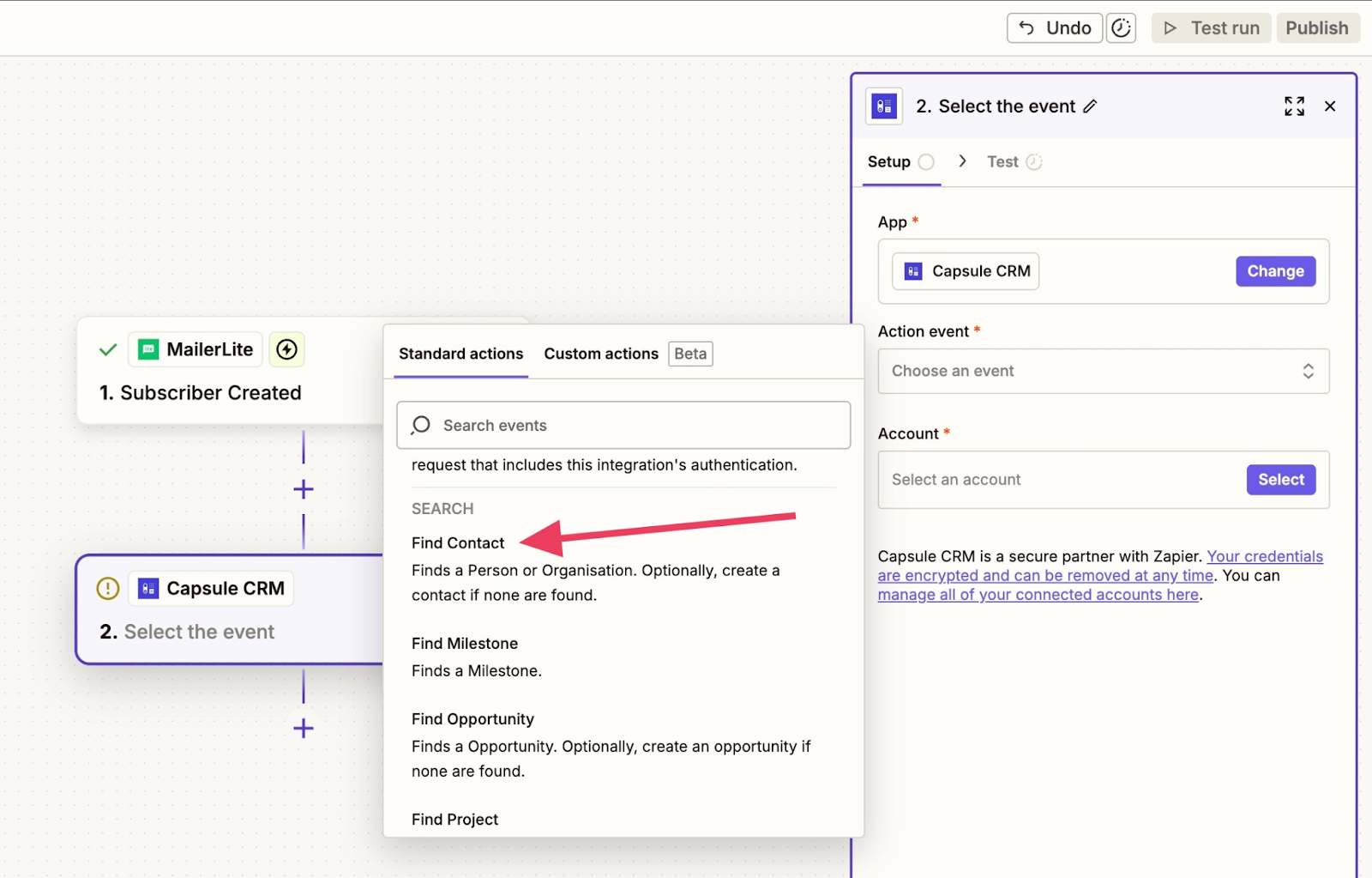 encuentra la acción de contacto en zapier para capsule