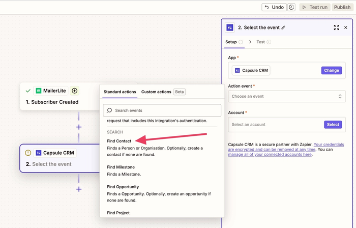 find contact action in zapier for capsule