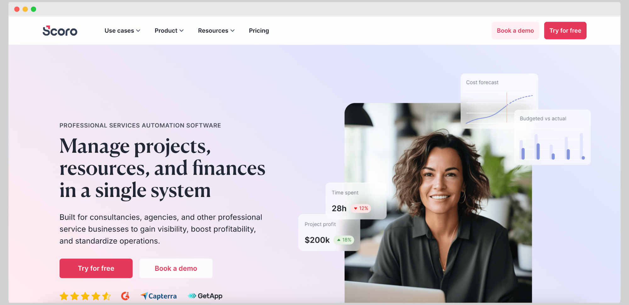 Scoro’s homepage promoting project, resource, and finance management software with a photo of a smiling woman and data graphics showing project profit and time spent.