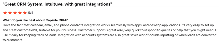 Customer review for a CRM system, titled "Great CRM System, Intuituve, with great integrations," showing a 5/5 star rating and positive feedback about its features.