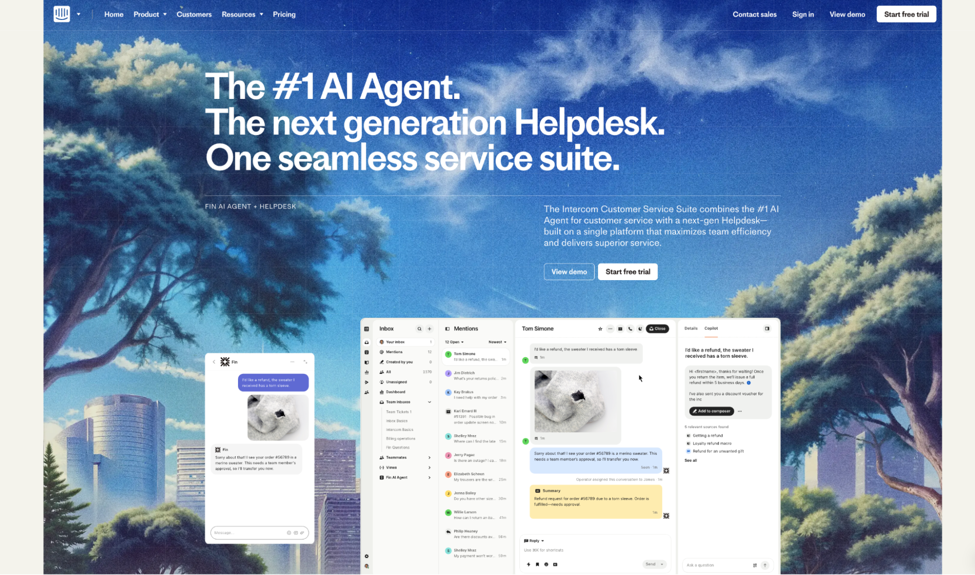 Website promoting an "AI Agent" helpdesk, with a blue sky, city, and trees background, displaying application interfaces including a chat with a white dog image.