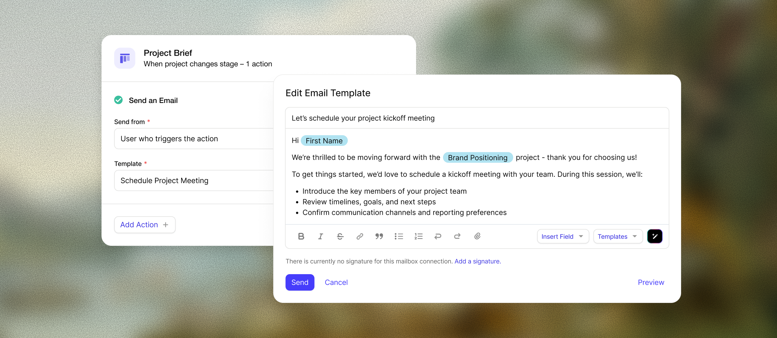 The Capsule CRM automated email workflow shows email templates and automation rules with trigger conditions and scheduled actions for managing freelancer client communications.