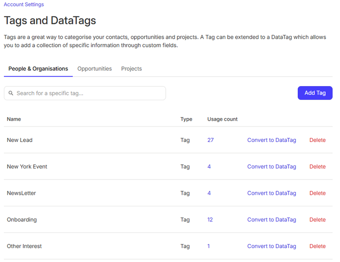 a screenshot of the tags and datatags page in capsule account settings