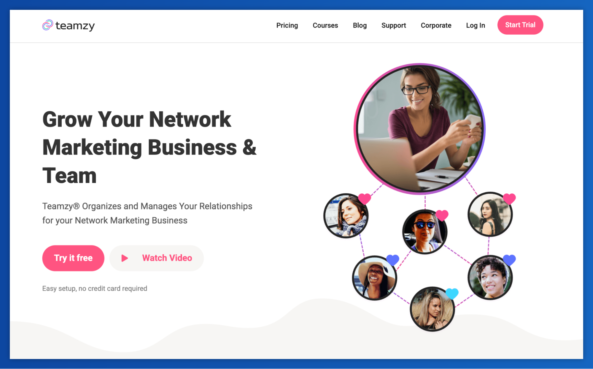 Teamzy landing page with a network diagram showing a central person connected to six other individuals.
