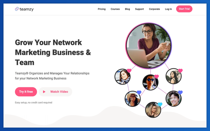 Teamzy landing page with a network diagram showing a central person connected to six other individuals.