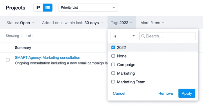 La liste des projets a été filtrée pour afficher tous les projets ayant une étiquette 2022