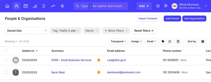 a screenshot shows how you can filter your Capsule CRM contacts by their Feefo star rating after setting up the connection with Feefo through Zapier