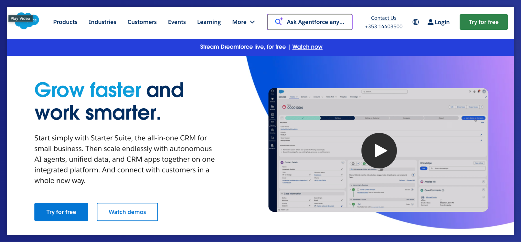 Salesforce homepage with CRM growth headline and product demo preview.