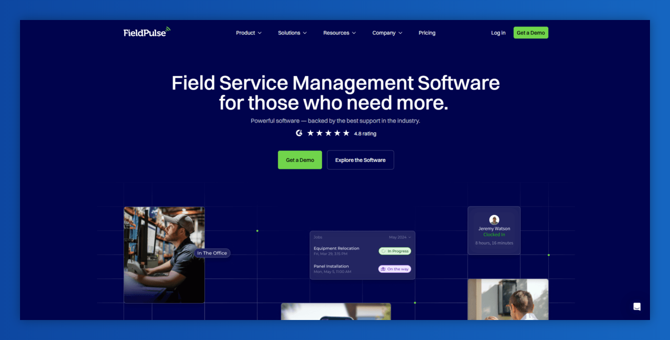 FieldPulse website for field service management software, showing its homepage with a headline, a 4.8-star rating, and UI elements depicting technicians and tasks.