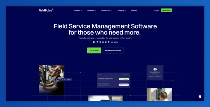 FieldPulse website for field service management software, showing its homepage with a headline, a 4.8-star rating, and UI elements depicting technicians and tasks.