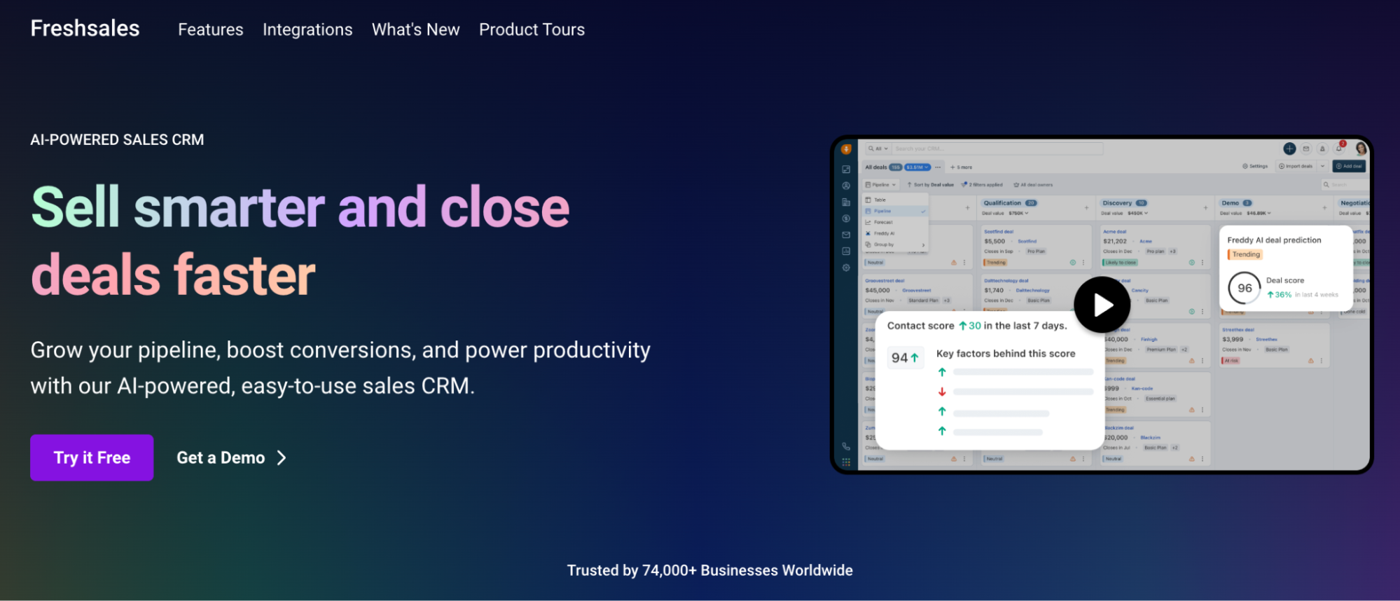 Freshsales homepage advertising its AI-powered CRM with the headline 'Sell smarter and close deals faster' and a video preview of the sales dashboard.