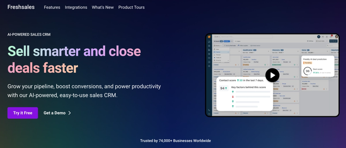 Freshsales AI-powered sales CRM landing page with 'Sell smarter and close deals faster' and a demonstration video of its interface.