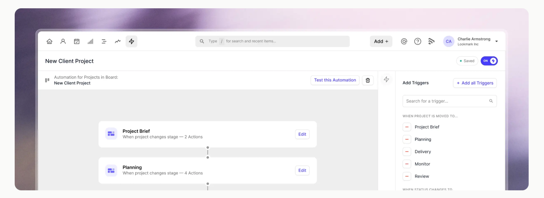 A software interface displaying automation rules for a 'New Client Project', with triggers based on project stages like 'Project Brief' and 'Planning'.