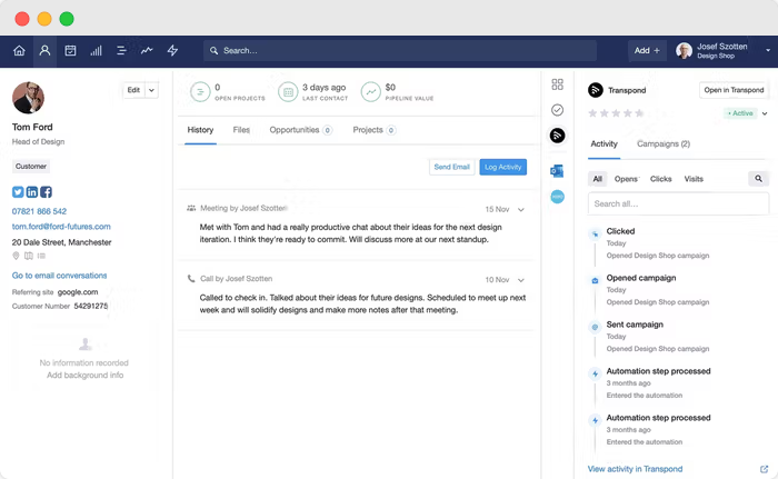 Capsule CRM dashboard for contact Tom Ford, displaying activity timeline with email and call logs, project tabs, and marketing automation events from Transpond.