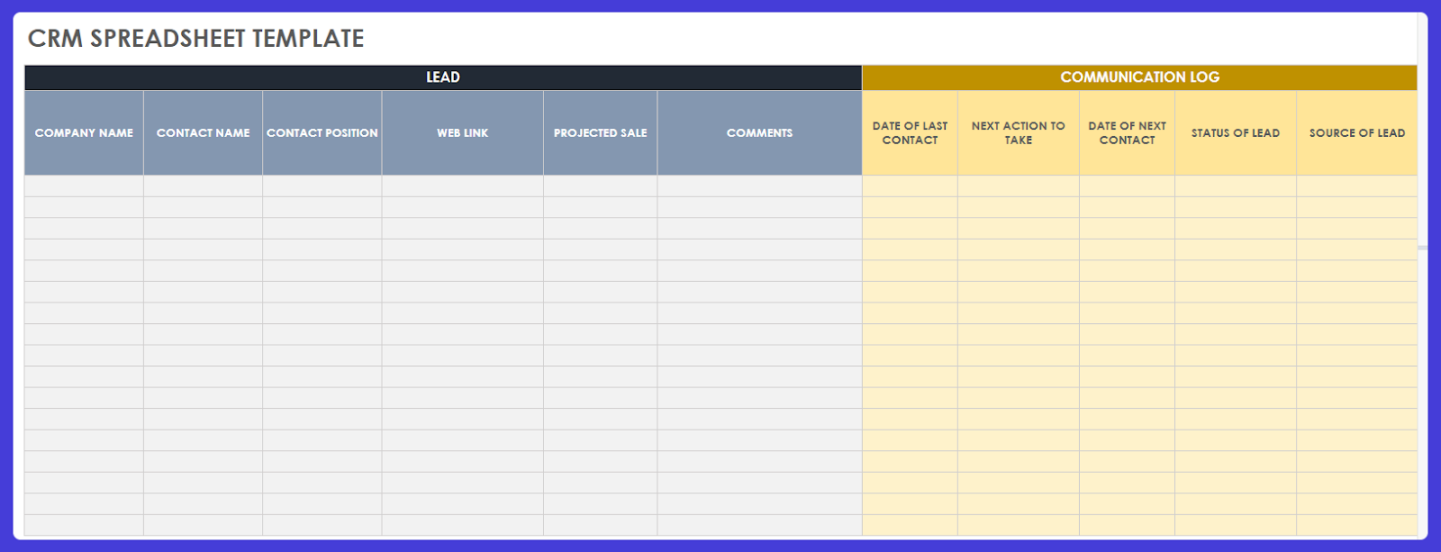 Straightforward, one-tab CRM template.