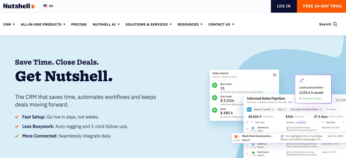 Nutshell CRM website screenshot with "Save Time. Close Deals. Get Nutshell" text and a dashboard showing sales metrics and time saved.
