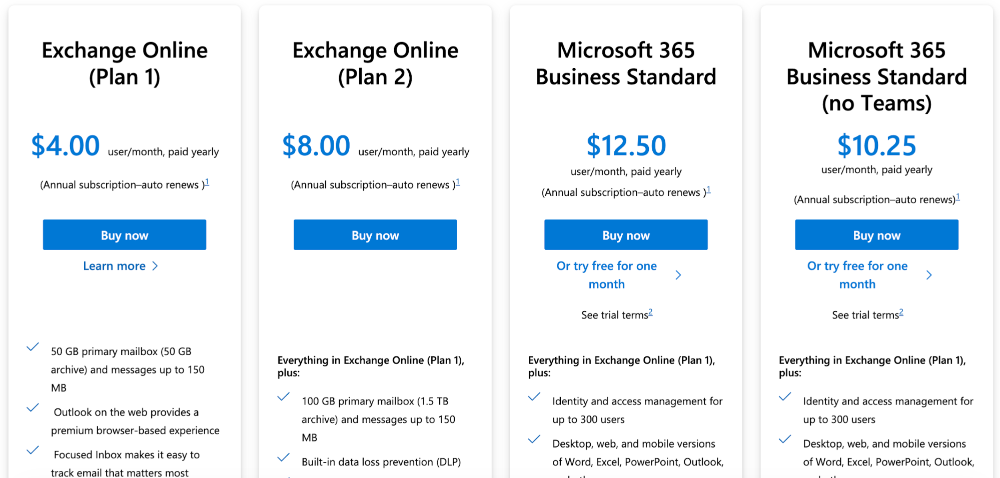 Four Microsoft subscription plans displayed: Exchange Online Plan 1 ($4.00), Plan 2 ($8.00), Microsoft 365 Business Standard ($12.50), and Business Standard (no Teams) ($10.25) per user/month.