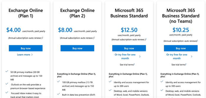 Four Microsoft subscription plans displayed: Exchange Online Plan 1 ($4.00), Plan 2 ($8.00), Microsoft 365 Business Standard ($12.50), and Business Standard (no Teams) ($10.25) per user/month.