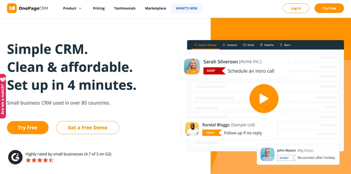 OnePageCRM website showing headlines like "Simple CRM. Set up in 4 minutes." and a visual of its contact and task management interface.