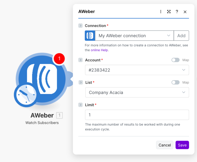 account, list and limit fields populated for aweber connection via make
