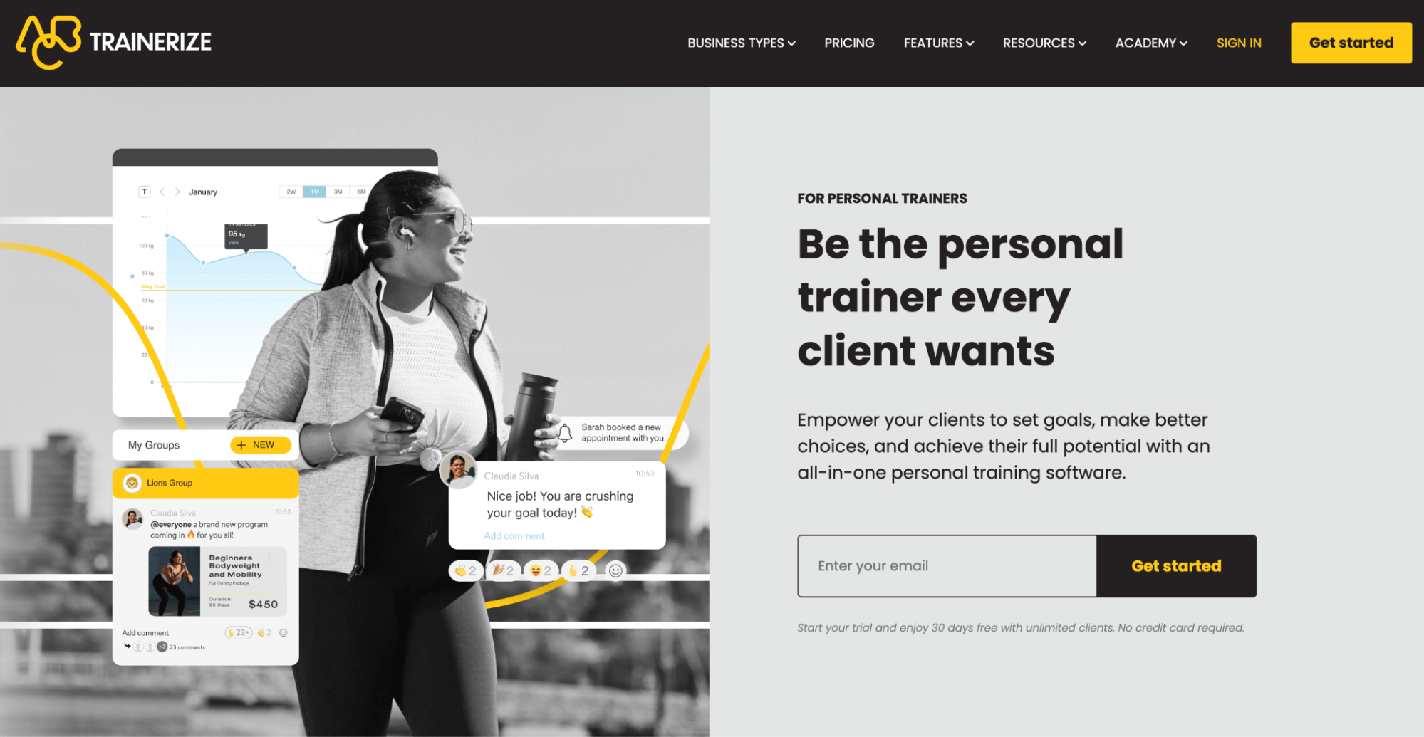 Trainerize website for personal trainers, showing a happy woman with app features like charts and messages, next to the headline 'Be the personal trainer every client wants'.