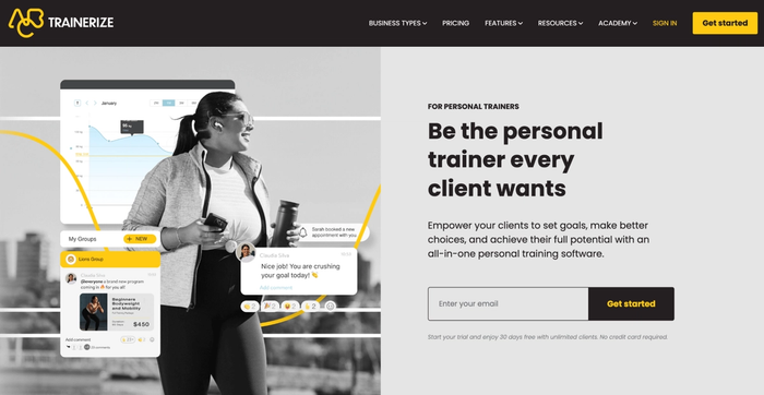 Trainerize website for personal trainers, showing a happy woman with app features like charts and messages, next to the headline 'Be the personal trainer every client wants'.
