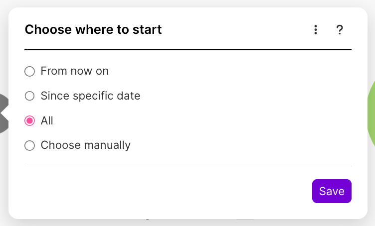 dónde iniciar el modal en Make con todas las opciones seleccionadas