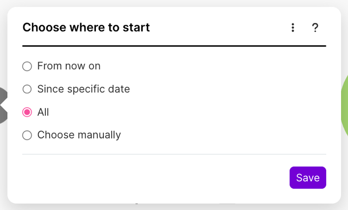 where to start modal in make with all option selected