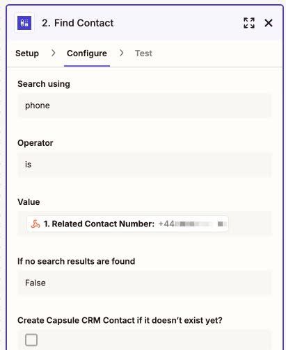 find contact step populated in aircall.io zap