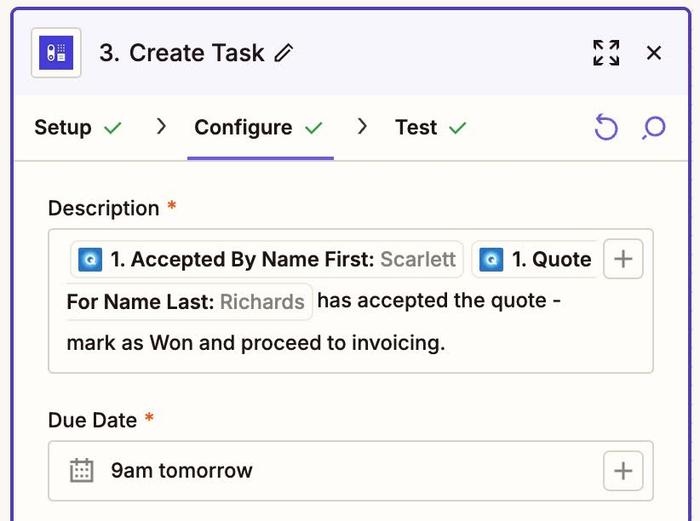 quote fields added to task description field and due date set for 9am tomorrow