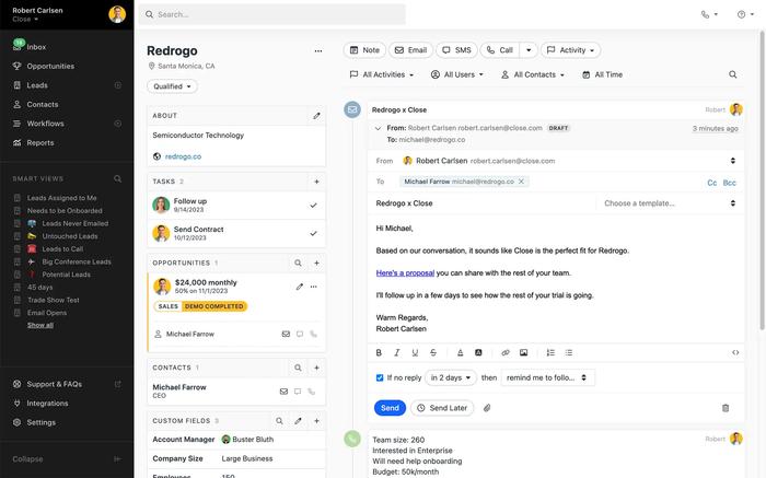 Close CRM dahsboard: Email tracking and automation.