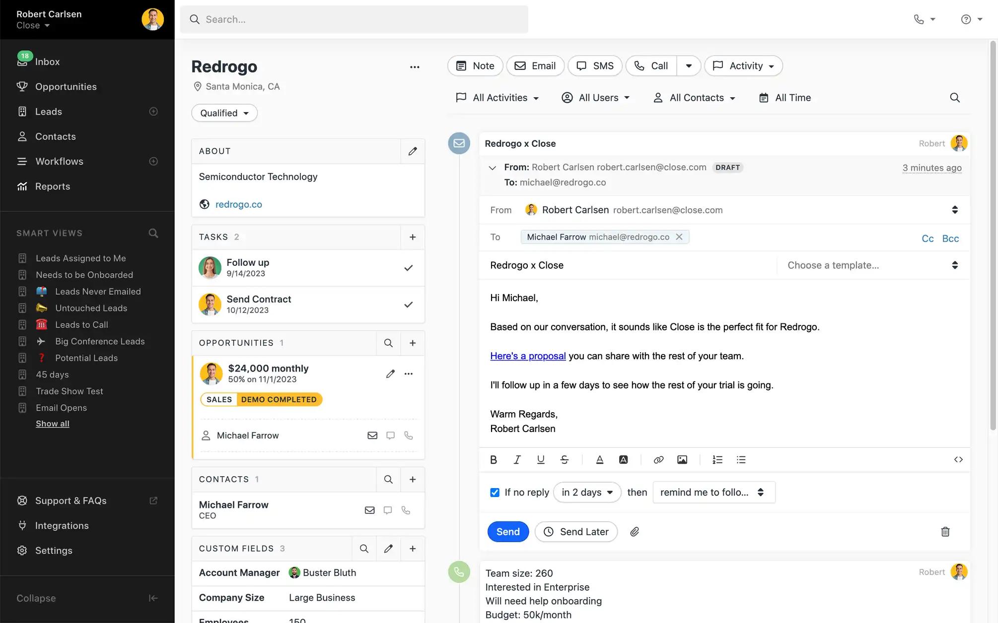 Close CRM dahsboard: Email tracking and automation.
